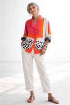 Abstract Print Ruffle Neck Blouse