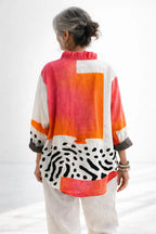 Abstract Print Ruffle Neck Blouse