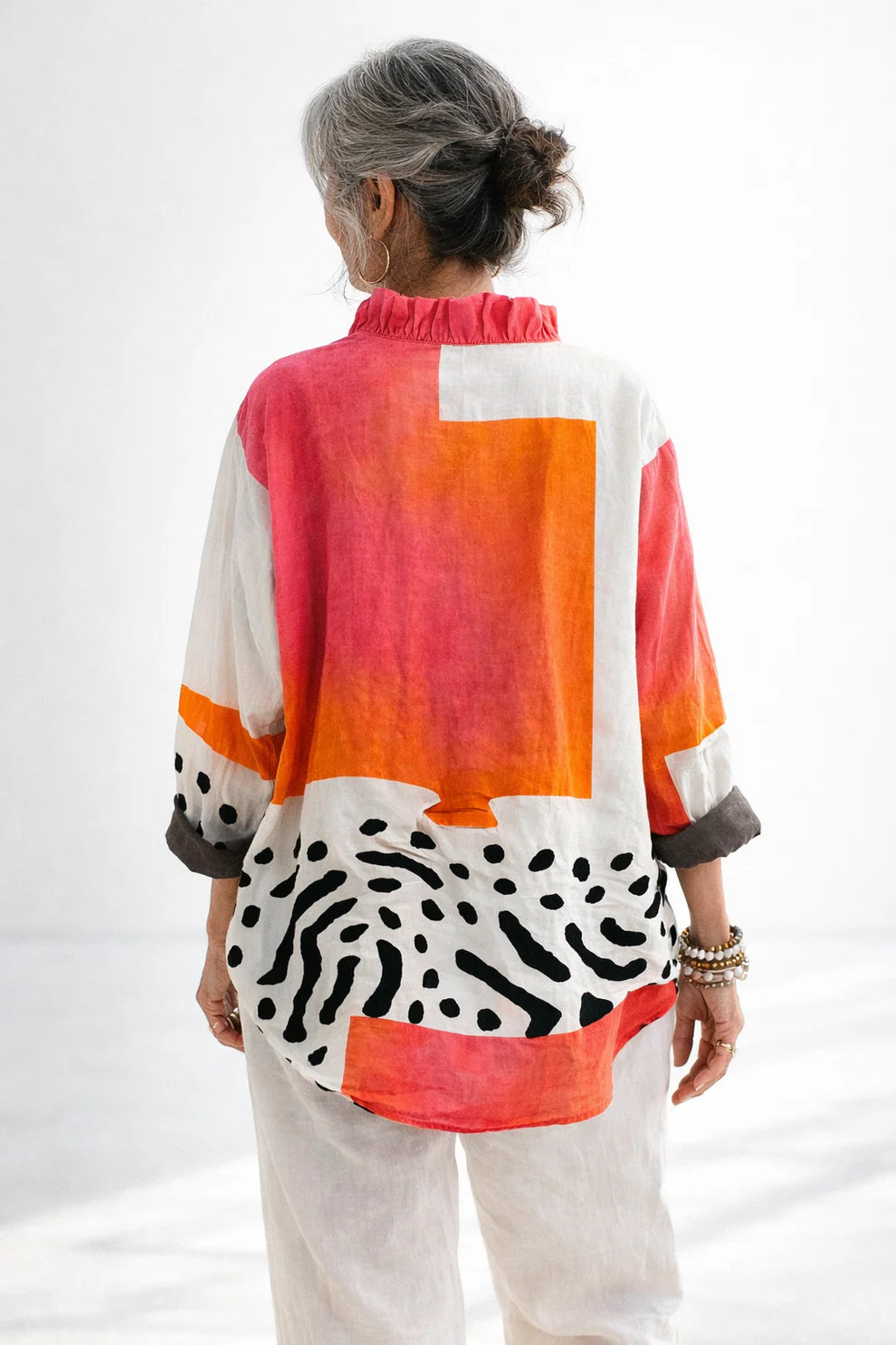 Abstract Print Ruffle Neck Blouse