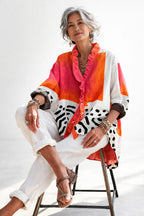 Abstract Print Ruffle Neck Blouse
