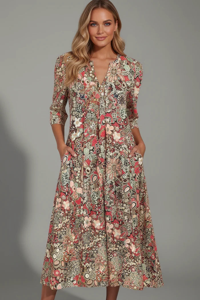Printed V-Neck Midi Dress