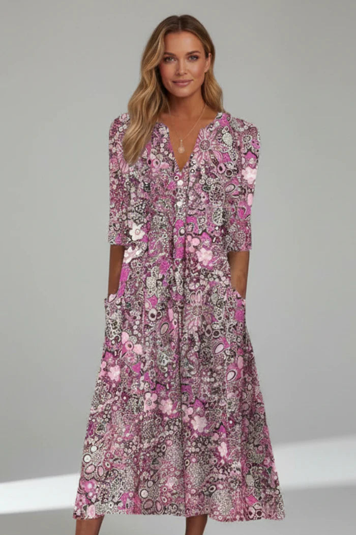 Printed V-Neck Midi Dress