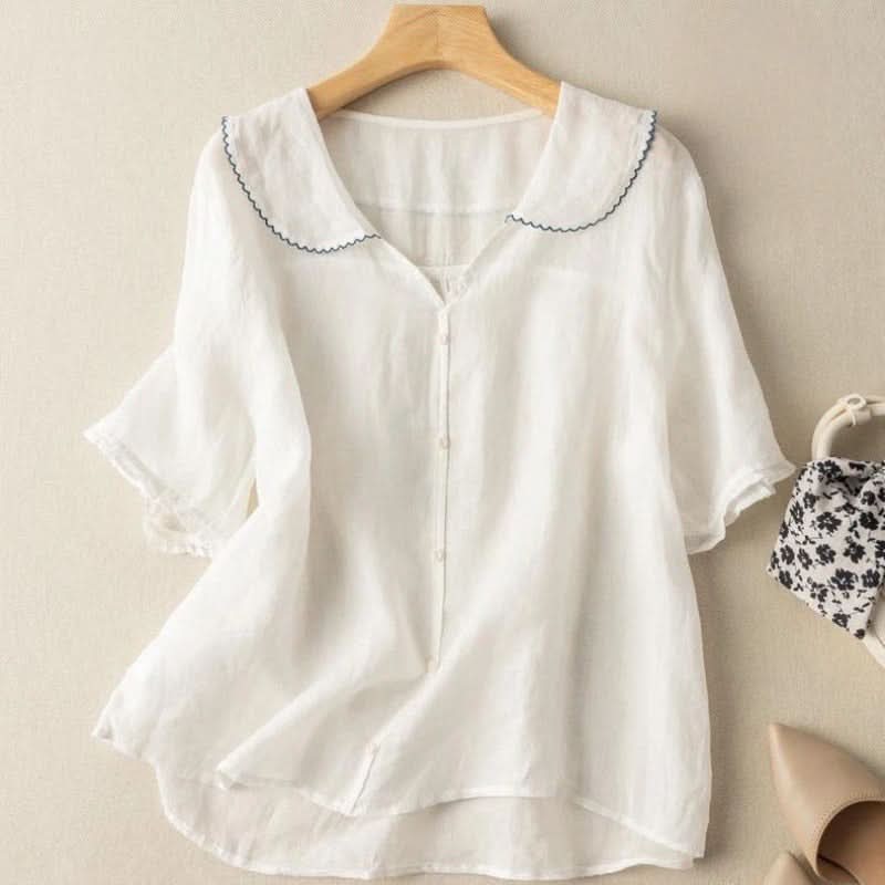 Scalloped Collar Linen Blouse